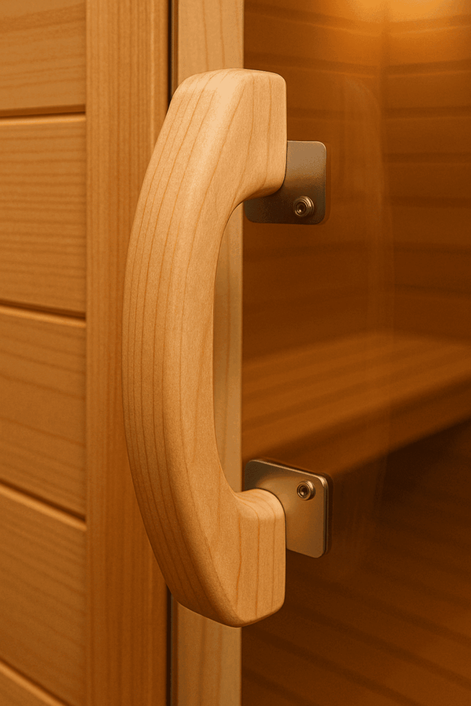 Close-up of a cedar sauna door handle mounted on wood — Sauna Door Handle: A Small Upgrade That Impacts Safety and Comfort