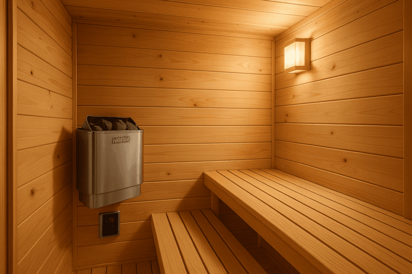 Interior view of a small home sauna with a 120V electric wall-mounted heater, wooden bench, and ambient lighting — Electric Sauna Heater 120V: The Best Compact Heating Solutions for Home Saunas
