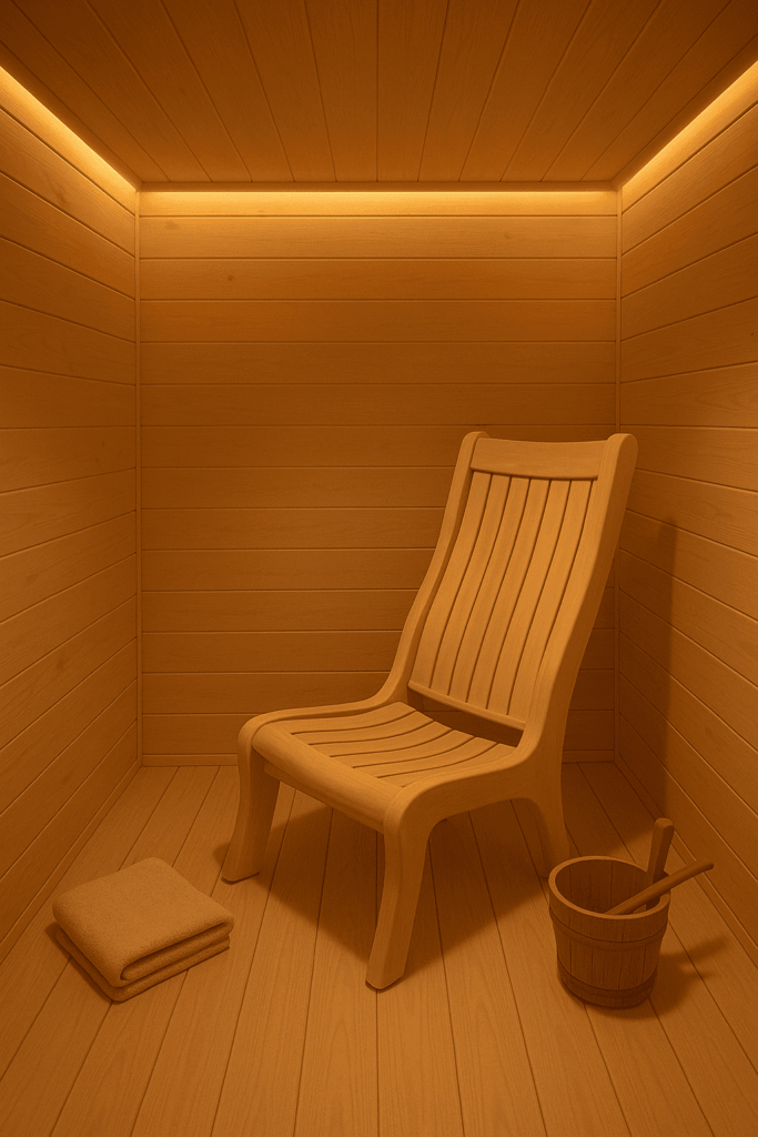 Ergonomic cedar sauna chair with contoured backrest and slatted seat Sauna Chairs: Enhance Comfort and Posture in Your Wellness Space