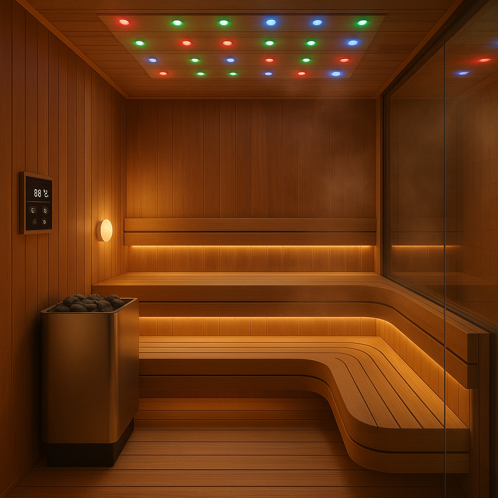 Interior of a luxury cedar sauna with glass walls, ambient lighting, and digital controls — What Makes a Sauna Luxury? The Key Features That Define High-End Sauna Design
