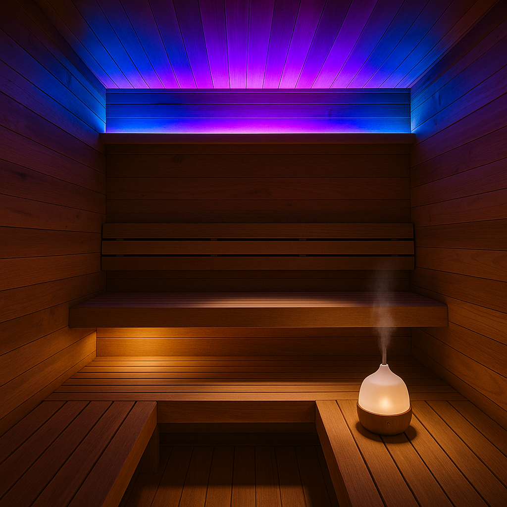 Interior of a luxury cedar sauna with custom lighting and aromatherapy diffuser — Adding Custom Lighting & Aromatherapy for a Luxury Sauna Experience