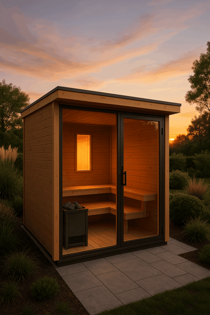 Outdoor hybrid sauna cabin with infrared panels and stone heater, set in a landscaped backyard — Outdoor Hybrid Sauna: The Best of Both Worlds for Year-Round Wellness