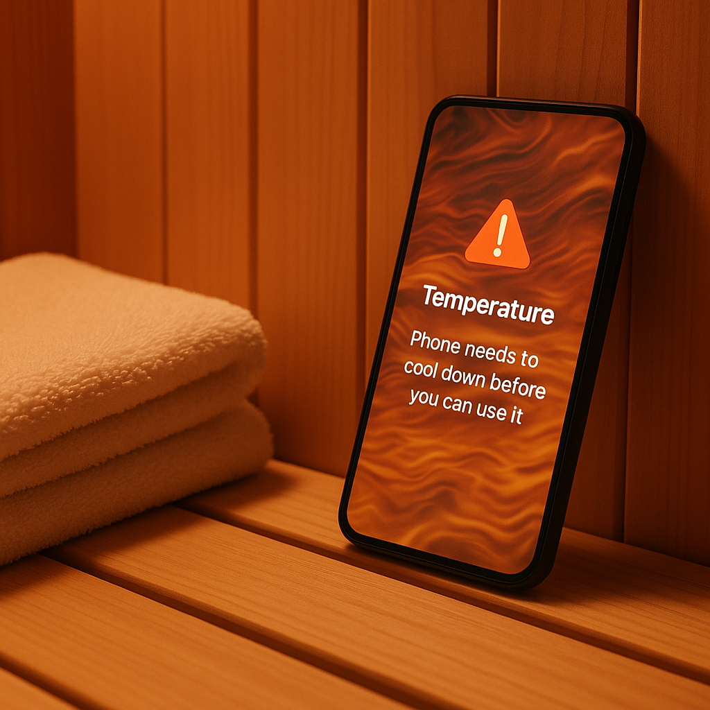 Smartphone overheating on sauna bench with warning message — Can You Take Phone into Sauna? What Every Sauna Owner Needs to Know