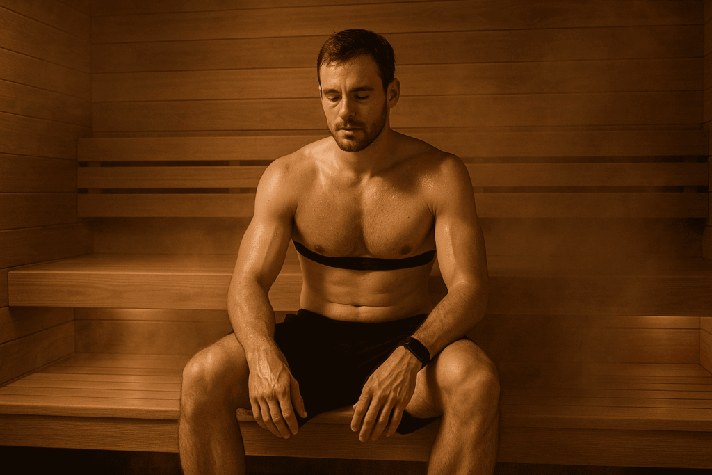 Man sitting in cedar sauna monitoring heart rate — The Cardiovascular Benefits of Regular Sauna Use