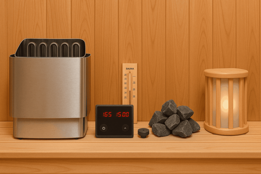 Top-down view of essential sauna parts including heater, controller, thermometer, and safety probe — Sauna Parts: A Complete Guide to Components That Keep Your Sauna Running Smoothly